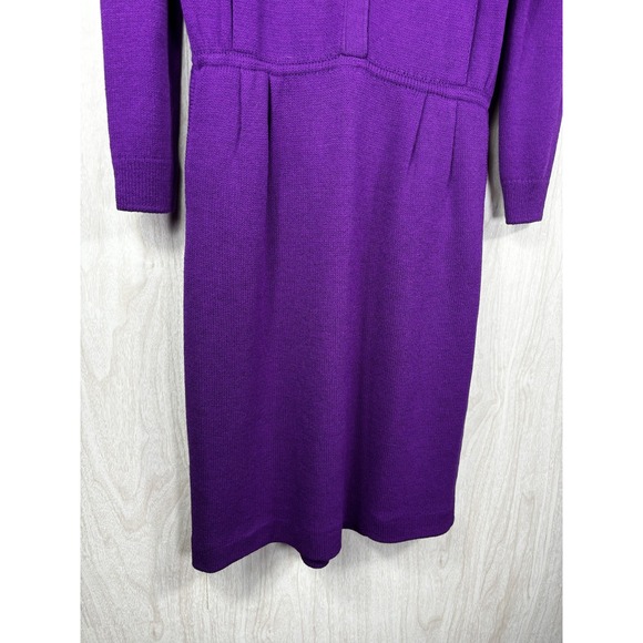 ST JOHN Purple Knit Career Dress Size 12 Gold Button Classic Office Chic - Picture 5 of 7